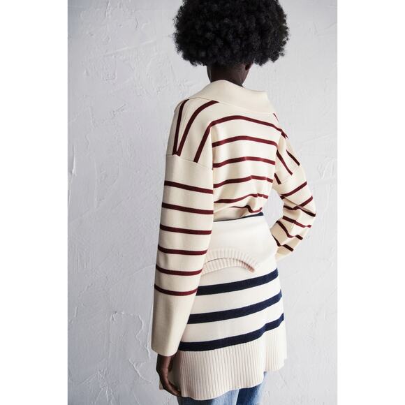 NWT Zara Oversized Striped Knit Polo Sweater Ecru Red Size Small Collared Top - Picture 8 of 16